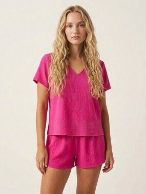 Fuchsia 2 Piece Set V Neck Top and Shorts